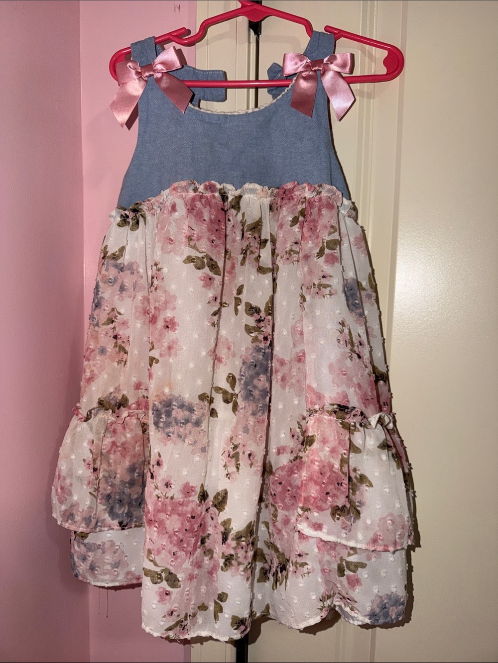 Bonnie Jean Pink Blue Floral Layered Dress with Bows